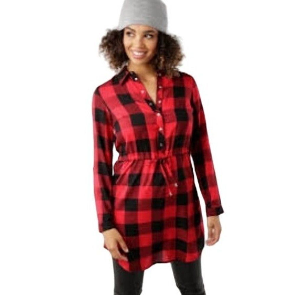 Soho New York & Co.Womens Top Red S Plaid Shirt Waist Tie Shirt New